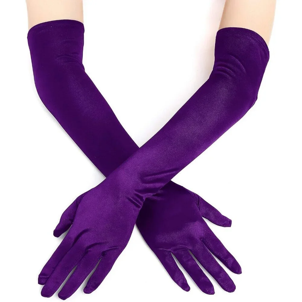 Women's Smooth Purple Long Satin Gloves Elbow Length Party Costume Accessory